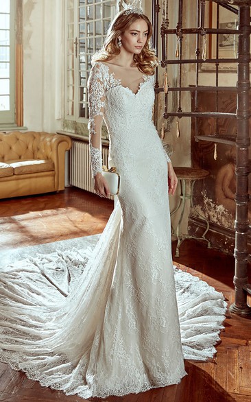 Long-Sleeve Sheath V-Neck Wedding Dress With Illusion And Open Back