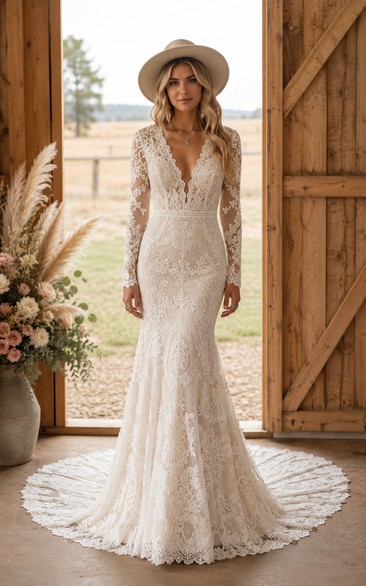 Country Mermaid Wedding Dress Long Sleeve V-Neck Lace Floor Length Chapel Train Ivory