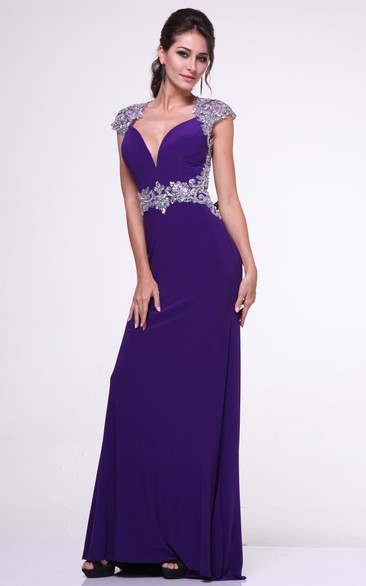 Sheath V-Neck Cap-Sleeve Jersey Illusion Dress With Beading And Waist Jewellery