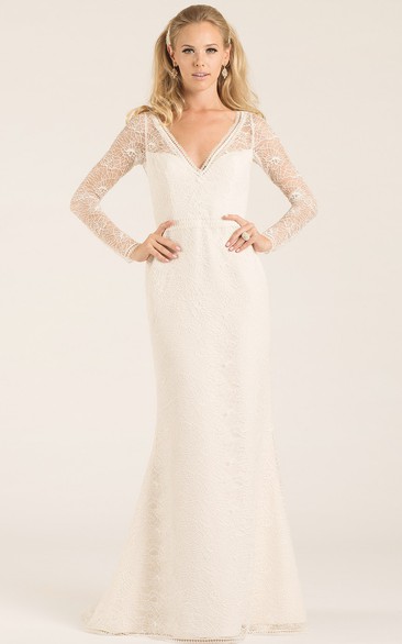 Sheath Long-Sleeve V-Neck Lace Vintage Wedding Dress With Keyhole