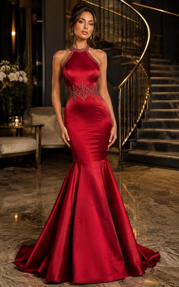 Mermaid Halter Satin Prom Dress with Beading