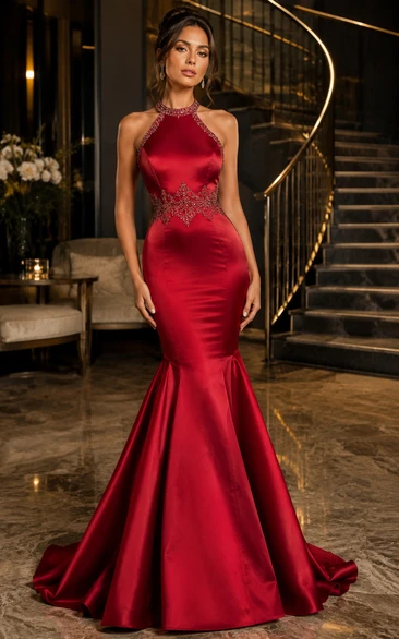 Mermaid Halter Satin Prom Dress with Beading