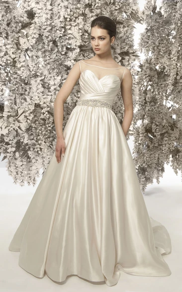 A-Line Criss-Cross Sleeveless Bateau Neck Satin Wedding Dress