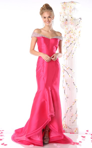 Trumpet Floor-Length Off-The-Shoulder Satin Zipper Dress With Beading