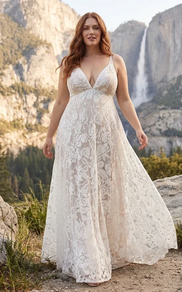 Plus Size Lace Spaghetti Strap Wedding Dress with V-Neck and Flowing Skirt