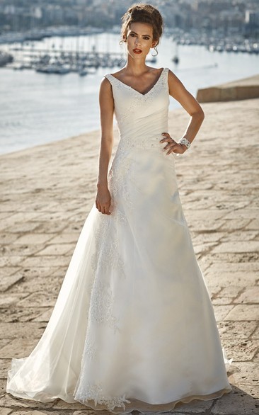 A-Line Sleeveless V-Neck Maxi Side-Draped Satin & Lace Simple Wedding Dress
