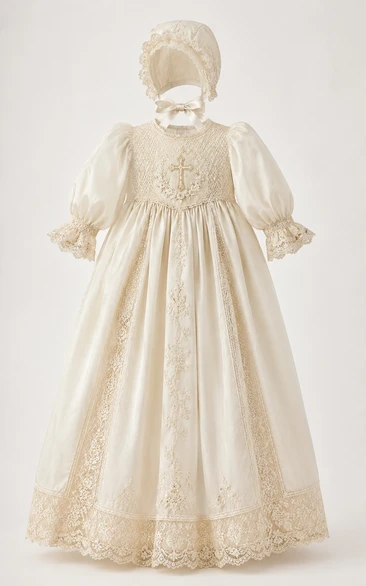 Baby Christening Gown Vintage Modest Princess Ball Gown Long Sleeve Illusion Tulle Lace Floor-Length Sweep Train with Bonnet in Champagne