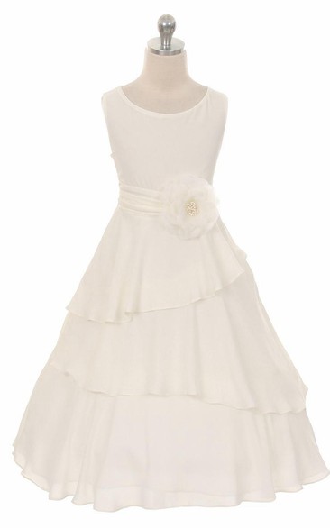 Tea-Length Floral Ruched Floral Chiffon Flower Girl Dress With Sash