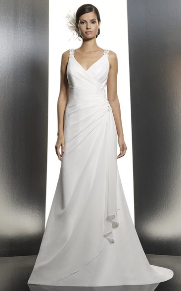 A-Line Side-Draped V-Neck Floor-Length Sleeveless Satin Wedding Dress With Lace And Low-V Back