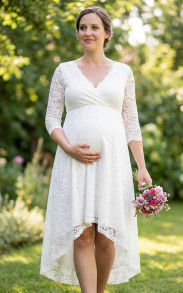 White Lace Maternity Wedding Dress with 3/4 Sleeves