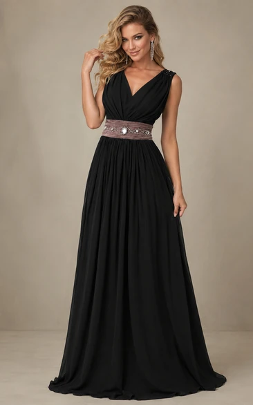 Sleeveless V-neck Long Chiffon Gown With Rhinestone