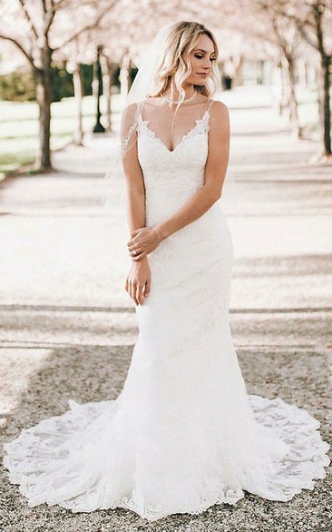 Bohemian V-neck Lace Floor-length Mermaid Sheath Brush Train Sleeveless Wedding Dress