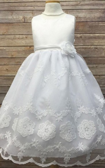 Floral Tea-Length Tiered Organza&Satin Flower Girl Dress With Embroidery