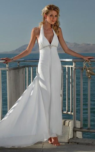 sheath V-neck Halter Beading Chiffon Beach Wedding Dress