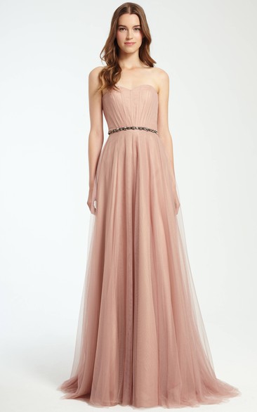 Strapless Ruched Tulle Bridesmaid Dress With Waist Jewellery