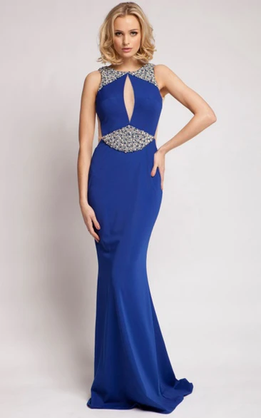 Sleeveless Scoop Neck Beaded Jersey Prom Dress With Brush Train