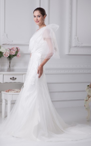 Noble Asymmetrical Appliqued Dress With Tulle Overlay