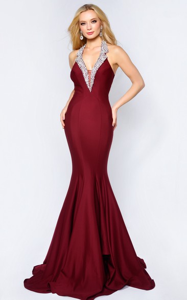 Mermaid Long Halter Sleeveless Jersey Backless Dress With Beading