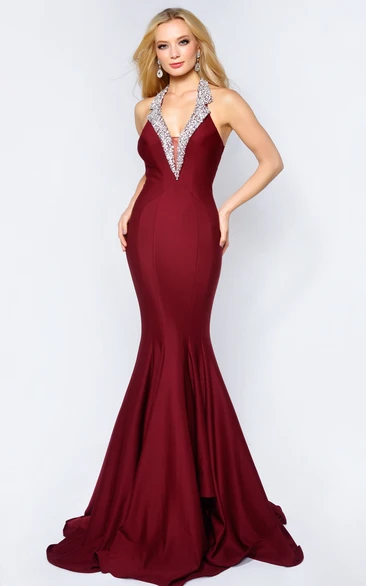 Mermaid Long Halter Sleeveless Jersey Backless Dress With Beading