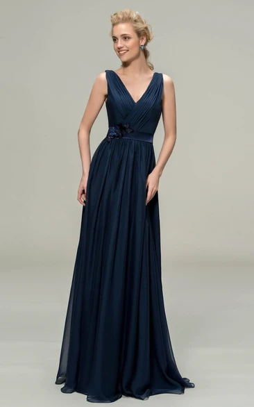 Simple Chiffon Sleeveless V-neck Floor-length Dress With Floral Appliques And Sash
