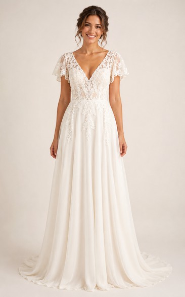 Simple Casual A-Line Wedding Dress Short Sleeve V-Neck Lace Chiffon Floor Length Sweep Train White