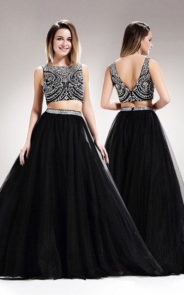 Two-Piece Ball Gown Long Scoop-Neck Sleeveless Low-V Back Dress With Beading
