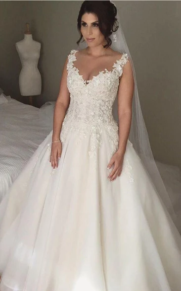 Elegant Tulle Lace Appliques Wedding Dress Button Zipper Back