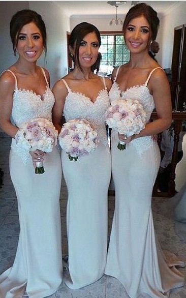 Modern Spaghetti Strap Mermaid Bridesmaid Dress Lace Appliques