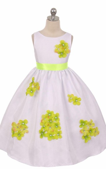 Floral Tea-Length Beaded Floral Flower Girl Dress With Ribbon