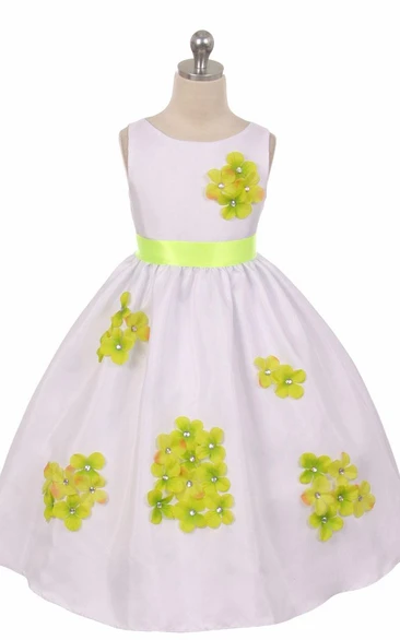 Floral Tea-Length Beaded Floral Flower Girl Dress With Ribbon
