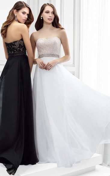 Appliqued Strapless Chiffon Prom Dress With Beading And Waist Jewellery