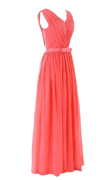 Sleeveless V-neck Chiffon Gown With Belt