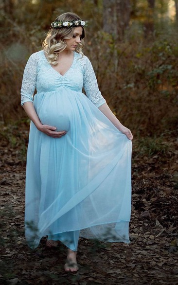 Chiffon Lace A-line Illusion Half Sleeve V-neck Maternity Wedding Dress
