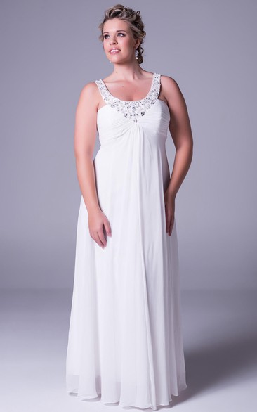 Strapped Ruched Sleeveless Chiffon Plus Size Wedding Dress With Beading And Zipper