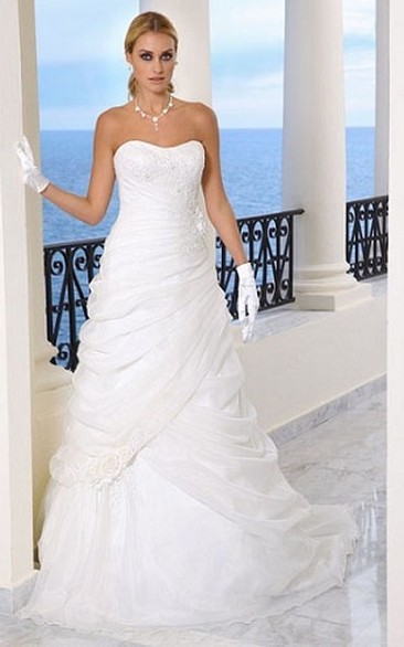 A-Line Strapless Long Appliqued Organza Wedding Dress With Pick Up And Brush Train