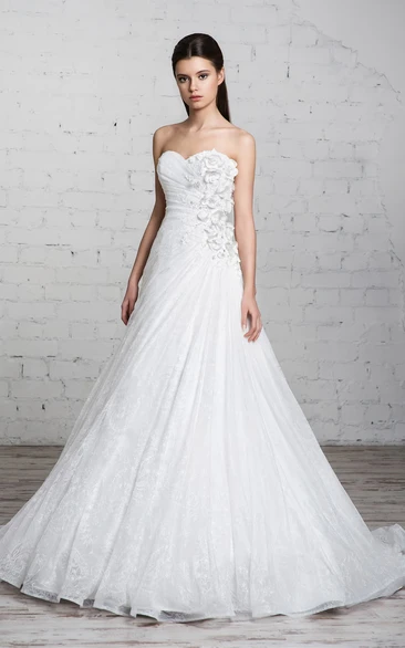 Long Sweetheart A-line Lace Wedding Dress With Ruffles And Ruching