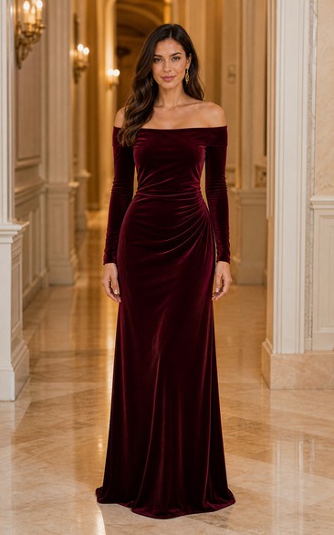 Burgundy Off-the-Shoulder Velvet Long Sleeve Floor-length Dress