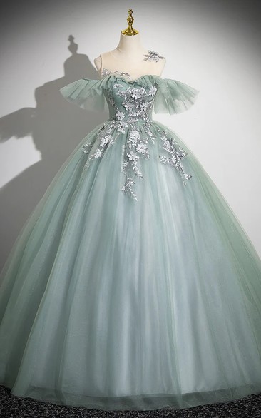 Light Green Off-the-Shoulder Embroidered Ball Gown