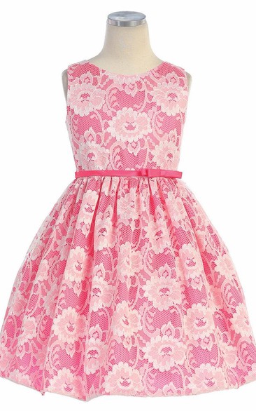 Tea-Length Bowed Split-Front Lace&Taffeta Flower Girl Dress With Ribbon