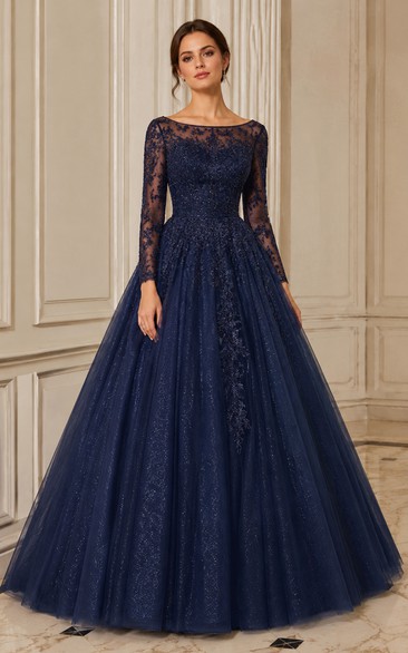 Illusion Lace Long Sleeve Glitter Ball Gown