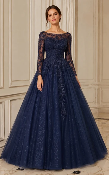 Illusion Lace Long Sleeve Glitter Ball Gown