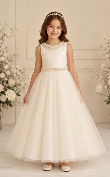 A-line Floor Length Sleeveless Tulle Lace Flower Girl Dress with Ivory beaded neckline with clean layered tulle