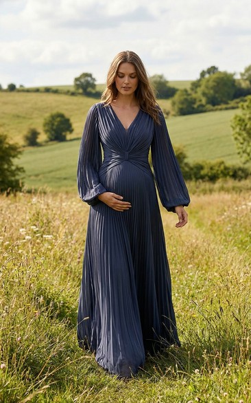 Ink Navy Maternity Formal Dress with Deep V-Neck, Long Pleated Sleeves & Flowing Skirt