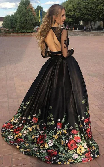 Black Two Piece Illusion Long Sleeve A-line Keyhole Prom Dress with Floral Embroidery