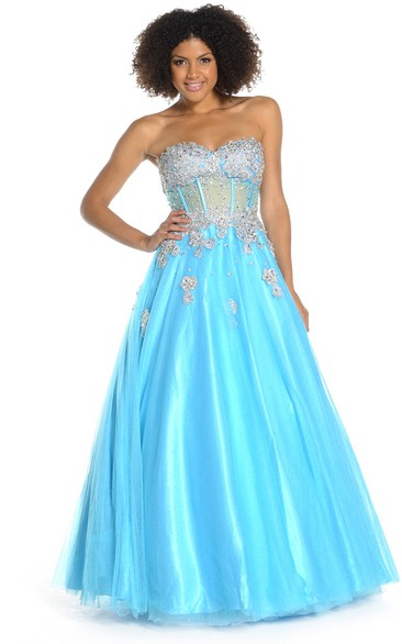 A-Line Sleeveless Sweetheart Beaded Floor-Length Tulle&Satin Prom Dress With Pleats