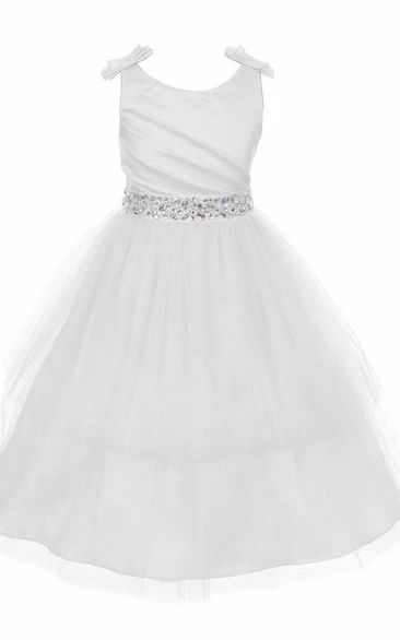 Jewel Mini Pleated Tiered Tulle&Satin Flower Girl Dress With Ribbon