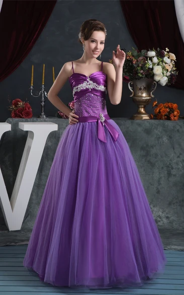 Spaghetti-Strap A-Line Beaded Bow and Gown With Pleats