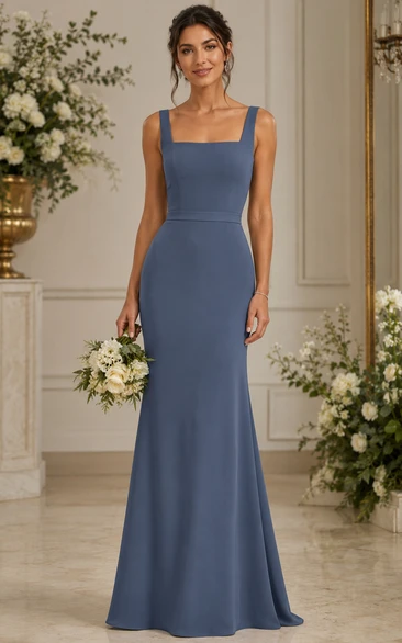 Steel Blue Square Neck Mermaid Bridesmaid Dress