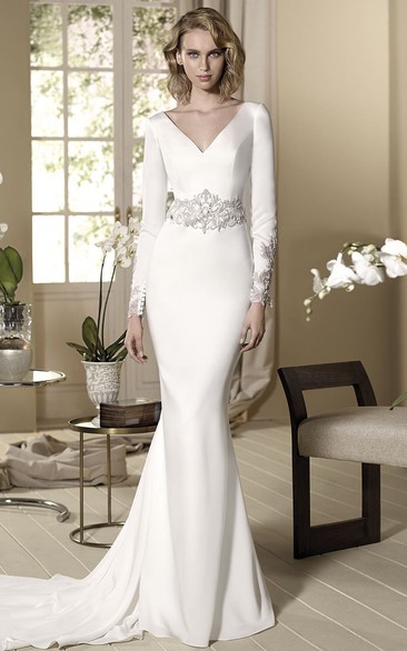 Sheath Beaded Long-Sleeve Floor-Length V-Neck Jersey Modest Wedding Dress