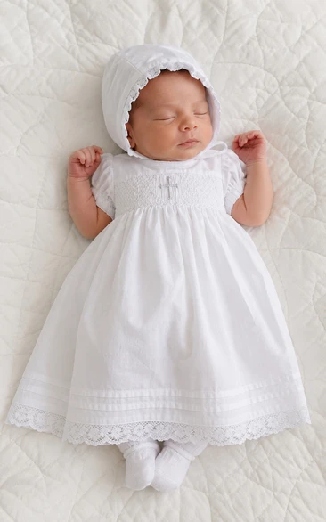 Baby Christening Gown Vintage Modest A-Line Cap Sleeve Cotton Lace Tea-Length with Bonnet in White